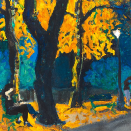 Осень в парке, вокруг много золотой листвы и люди сидят на скаймеках.