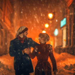 Влюбленная пара идёт за руку по заснеженной улице, вокруг гуляют дети и все счастливы